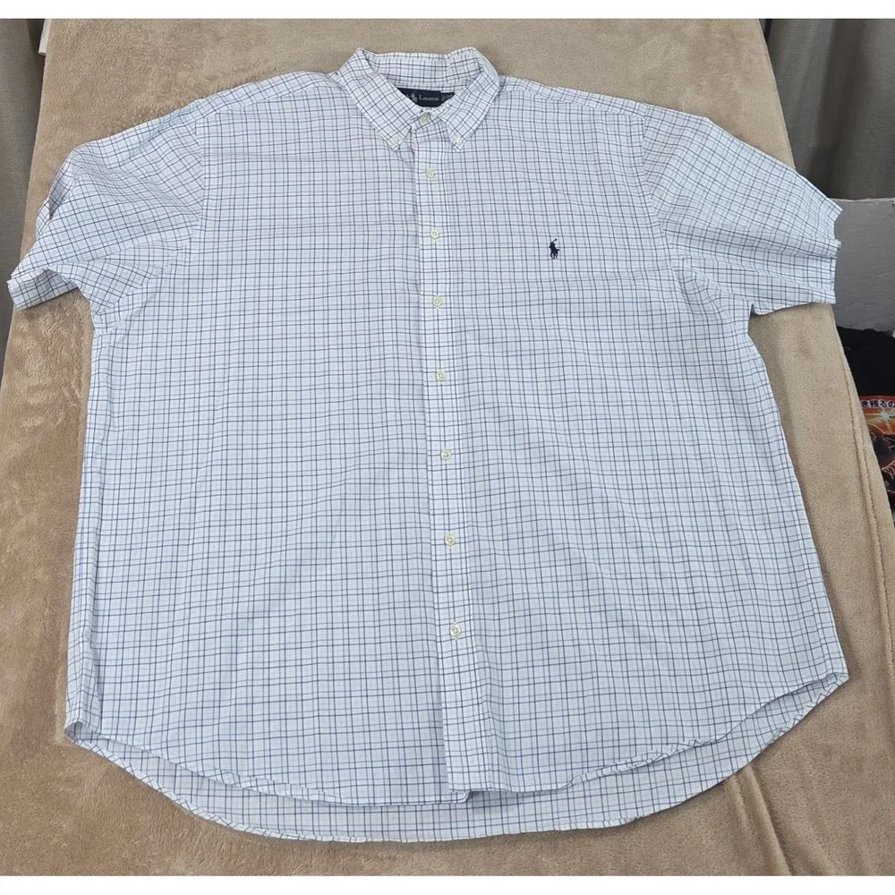 Vintage Polo Ralph Lauren Polo Shirt Men 2XB Big Blue Plaid Pleated S/S EUC